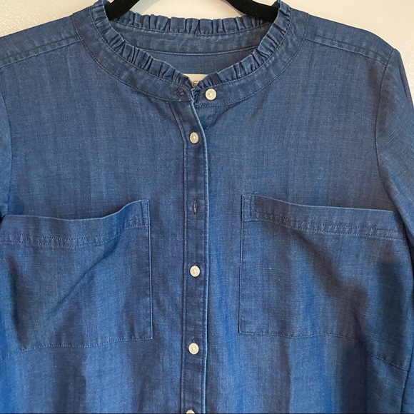 Loft Womens Denim Button Up Shirt Top Blue Ruffle Neck Long Sleeve Pockets - Picture 8 of 12